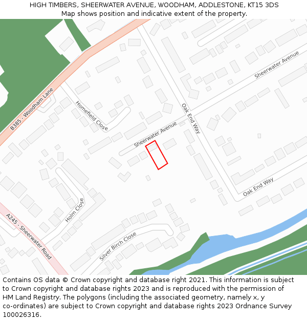 HIGH TIMBERS, SHEERWATER AVENUE, WOODHAM, ADDLESTONE, KT15 3DS: Location map and indicative extent of plot