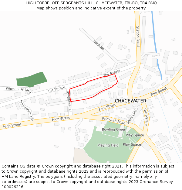 HIGH TORRE, OFF SERGEANTS HILL, CHACEWATER, TRURO, TR4 8NQ: Location map and indicative extent of plot