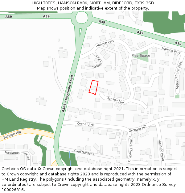 HIGH TREES, HANSON PARK, NORTHAM, BIDEFORD, EX39 3SB: Location map and indicative extent of plot