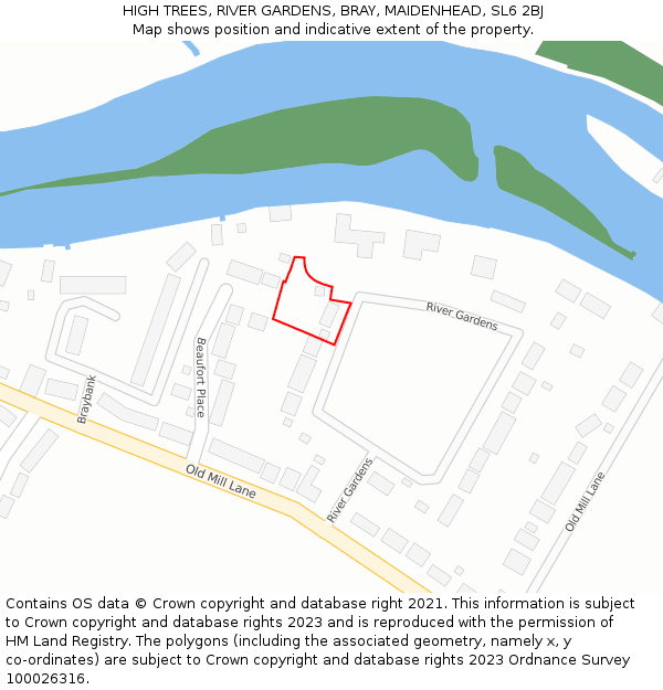 HIGH TREES, RIVER GARDENS, BRAY, MAIDENHEAD, SL6 2BJ: Location map and indicative extent of plot