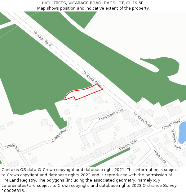 HIGH TREES, VICARAGE ROAD, BAGSHOT, GU19 5EJ: Location map and indicative extent of plot