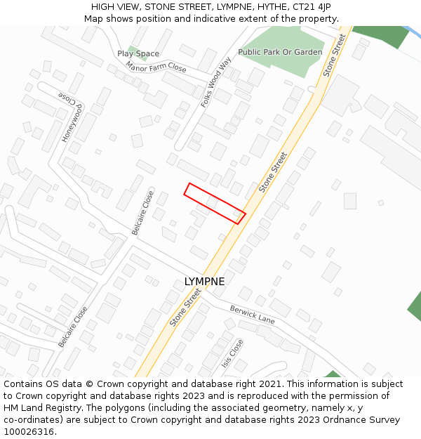 HIGH VIEW, STONE STREET, LYMPNE, HYTHE, CT21 4JP: Location map and indicative extent of plot