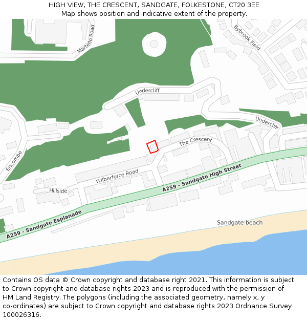 HIGH VIEW, THE CRESCENT, SANDGATE, FOLKESTONE, CT20 3EE: Location map and indicative extent of plot