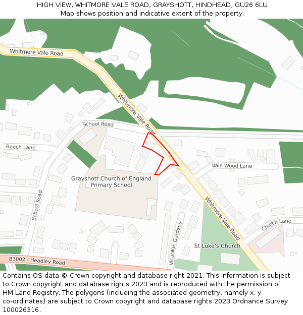 HIGH VIEW, WHITMORE VALE ROAD, GRAYSHOTT, HINDHEAD, GU26 6LU: Location map and indicative extent of plot
