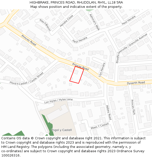 HIGHBRAKE, PRINCES ROAD, RHUDDLAN, RHYL, LL18 5RA: Location map and indicative extent of plot