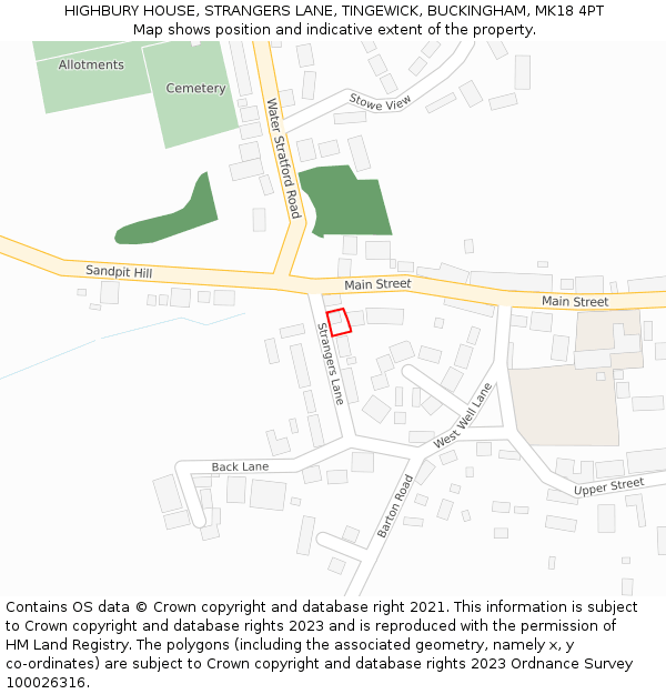 HIGHBURY HOUSE, STRANGERS LANE, TINGEWICK, BUCKINGHAM, MK18 4PT: Location map and indicative extent of plot