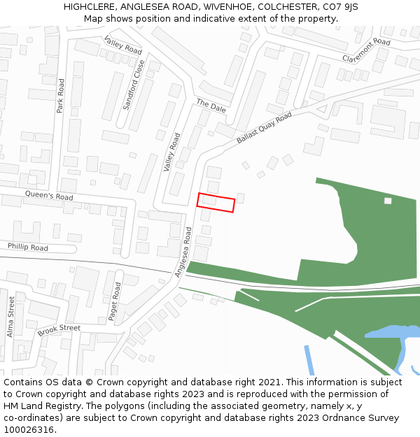 HIGHCLERE, ANGLESEA ROAD, WIVENHOE, COLCHESTER, CO7 9JS: Location map and indicative extent of plot