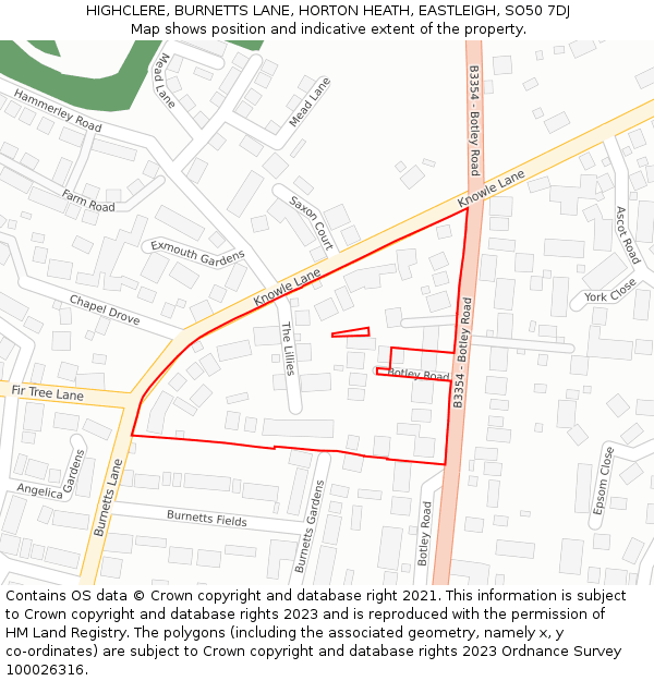 HIGHCLERE, BURNETTS LANE, HORTON HEATH, EASTLEIGH, SO50 7DJ: Location map and indicative extent of plot