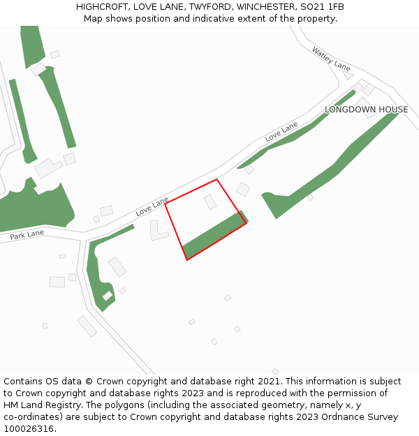 HIGHCROFT, LOVE LANE, TWYFORD, WINCHESTER, SO21 1FB: Location map and indicative extent of plot