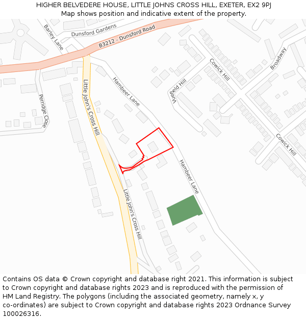HIGHER BELVEDERE HOUSE, LITTLE JOHNS CROSS HILL, EXETER, EX2 9PJ: Location map and indicative extent of plot