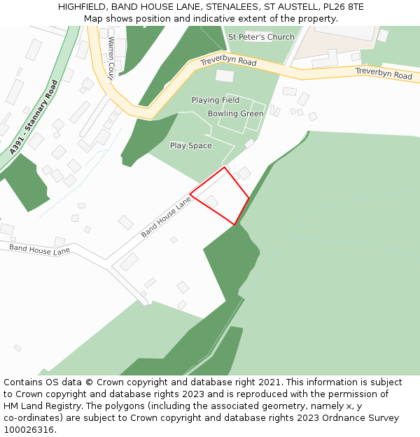 HIGHFIELD, BAND HOUSE LANE, STENALEES, ST AUSTELL, PL26 8TE: Location map and indicative extent of plot