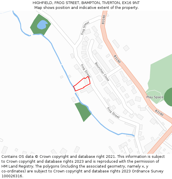 HIGHFIELD, FROG STREET, BAMPTON, TIVERTON, EX16 9NT: Location map and indicative extent of plot