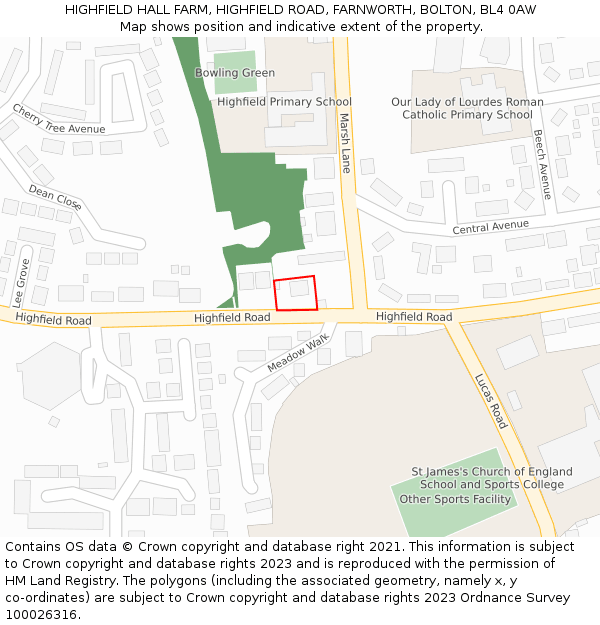 HIGHFIELD HALL FARM, HIGHFIELD ROAD, FARNWORTH, BOLTON, BL4 0AW: Location map and indicative extent of plot