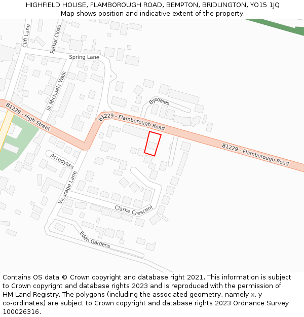 HIGHFIELD HOUSE, FLAMBOROUGH ROAD, BEMPTON, BRIDLINGTON, YO15 1JQ: Location map and indicative extent of plot