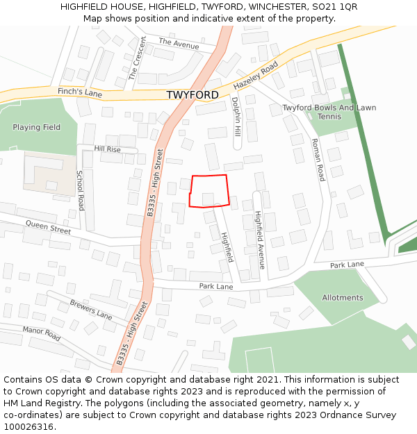 HIGHFIELD HOUSE, HIGHFIELD, TWYFORD, WINCHESTER, SO21 1QR: Location map and indicative extent of plot