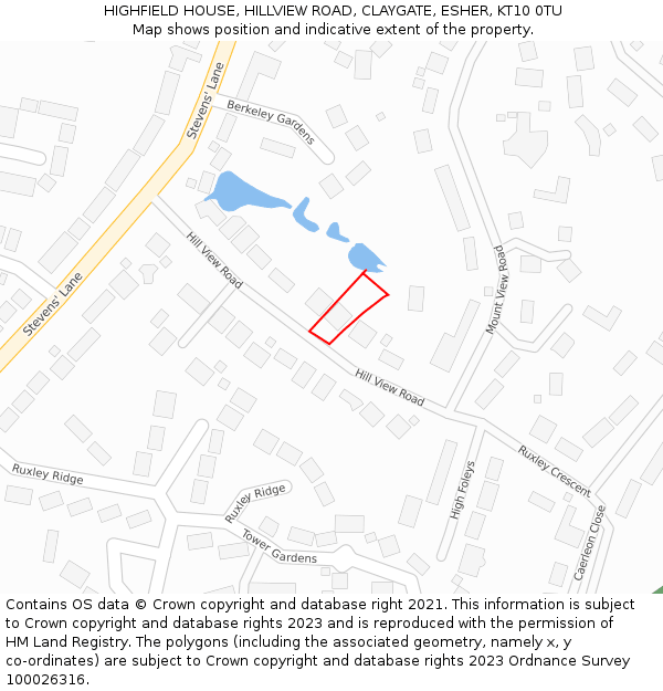 HIGHFIELD HOUSE, HILLVIEW ROAD, CLAYGATE, ESHER, KT10 0TU: Location map and indicative extent of plot