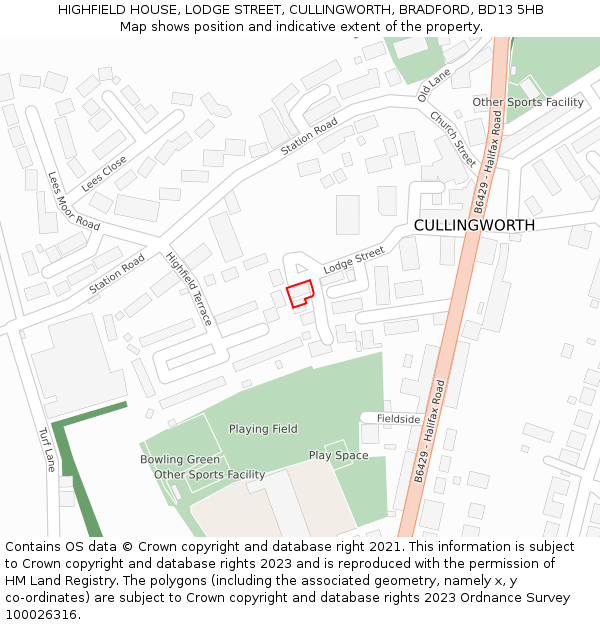 HIGHFIELD HOUSE, LODGE STREET, CULLINGWORTH, BRADFORD, BD13 5HB: Location map and indicative extent of plot