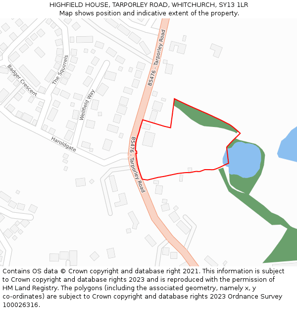 HIGHFIELD HOUSE, TARPORLEY ROAD, WHITCHURCH, SY13 1LR: Location map and indicative extent of plot