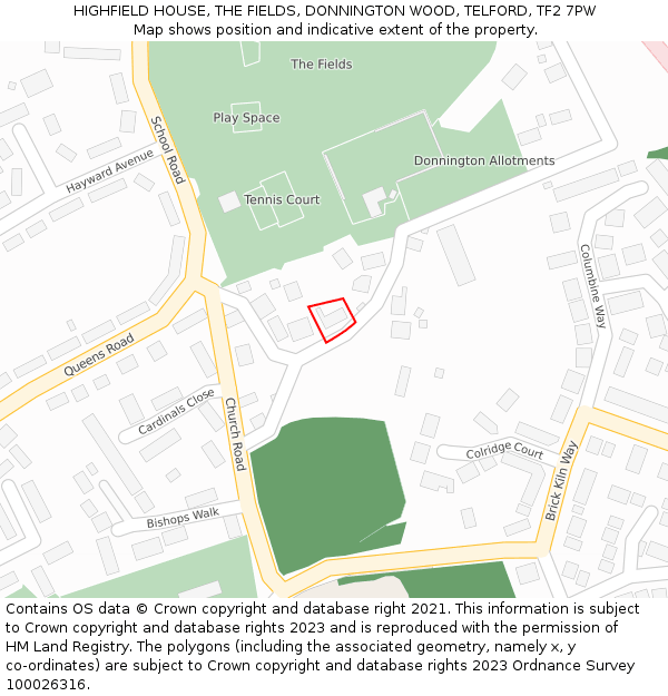 HIGHFIELD HOUSE, THE FIELDS, DONNINGTON WOOD, TELFORD, TF2 7PW: Location map and indicative extent of plot