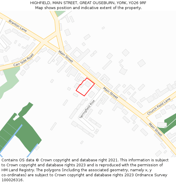 HIGHFIELD, MAIN STREET, GREAT OUSEBURN, YORK, YO26 9RF: Location map and indicative extent of plot