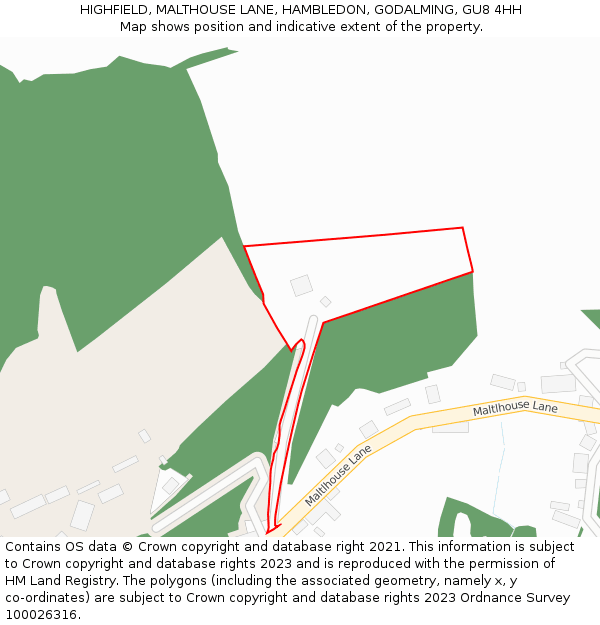 HIGHFIELD, MALTHOUSE LANE, HAMBLEDON, GODALMING, GU8 4HH: Location map and indicative extent of plot