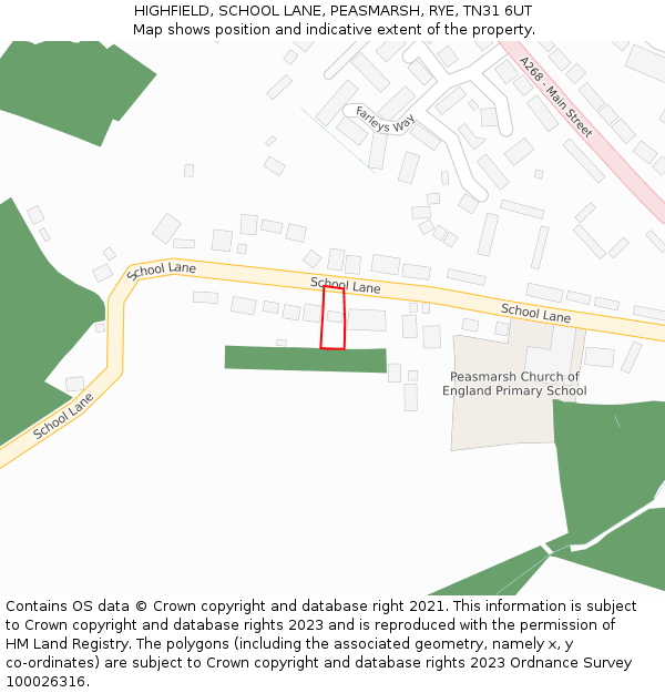HIGHFIELD, SCHOOL LANE, PEASMARSH, RYE, TN31 6UT: Location map and indicative extent of plot