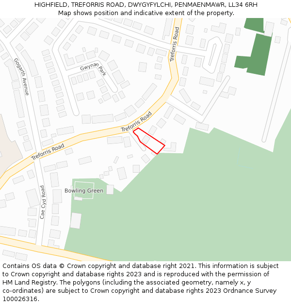 HIGHFIELD, TREFORRIS ROAD, DWYGYFYLCHI, PENMAENMAWR, LL34 6RH: Location map and indicative extent of plot