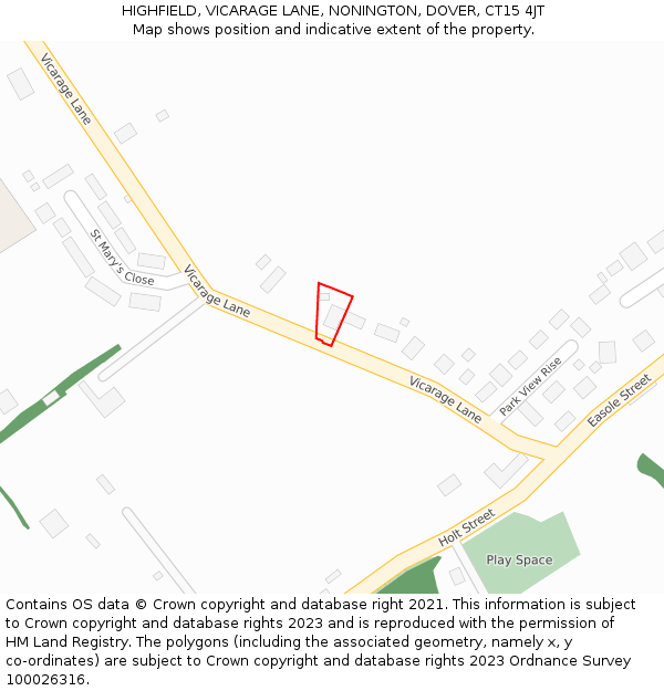 HIGHFIELD, VICARAGE LANE, NONINGTON, DOVER, CT15 4JT: Location map and indicative extent of plot