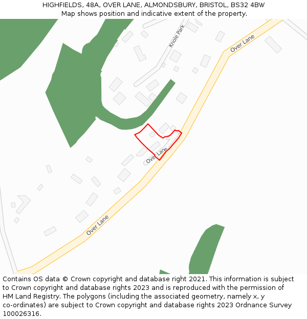 HIGHFIELDS, 48A, OVER LANE, ALMONDSBURY, BRISTOL, BS32 4BW: Location map and indicative extent of plot