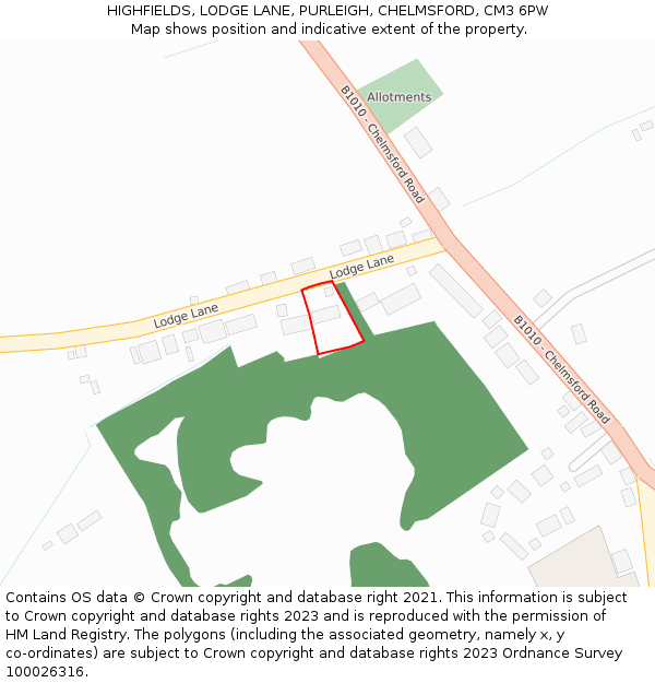 HIGHFIELDS, LODGE LANE, PURLEIGH, CHELMSFORD, CM3 6PW: Location map and indicative extent of plot