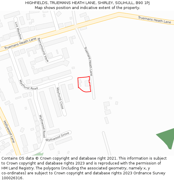 HIGHFIELDS, TRUEMANS HEATH LANE, SHIRLEY, SOLIHULL, B90 1PJ: Location map and indicative extent of plot