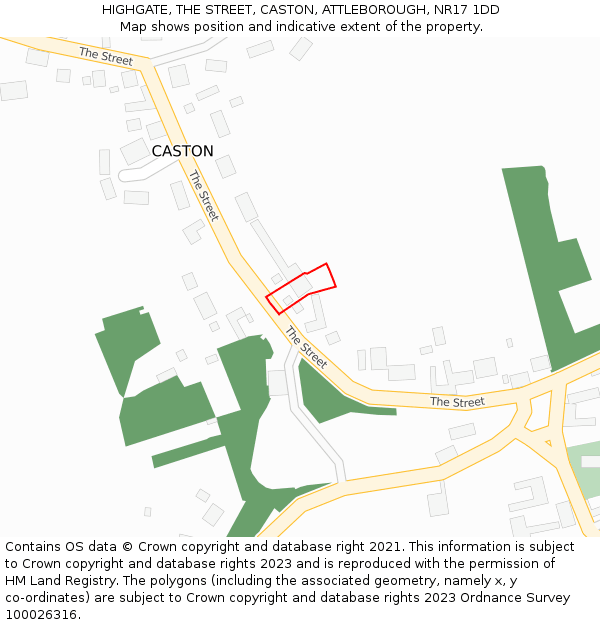 HIGHGATE, THE STREET, CASTON, ATTLEBOROUGH, NR17 1DD: Location map and indicative extent of plot