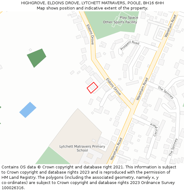 HIGHGROVE, ELDONS DROVE, LYTCHETT MATRAVERS, POOLE, BH16 6HH: Location map and indicative extent of plot