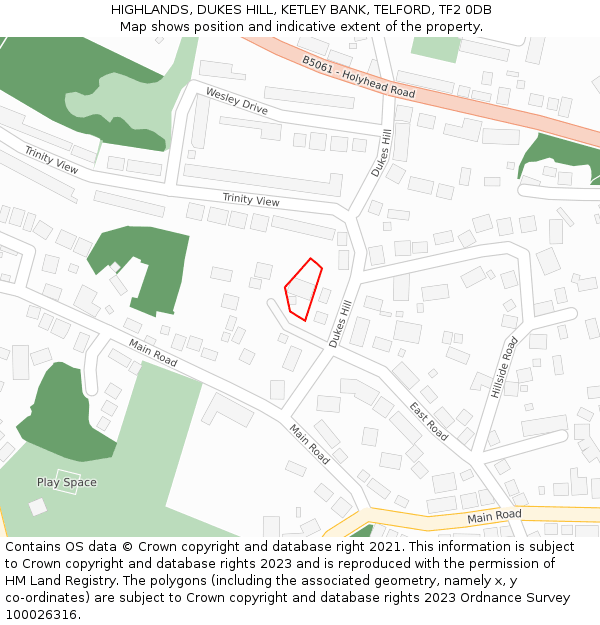 HIGHLANDS, DUKES HILL, KETLEY BANK, TELFORD, TF2 0DB: Location map and indicative extent of plot