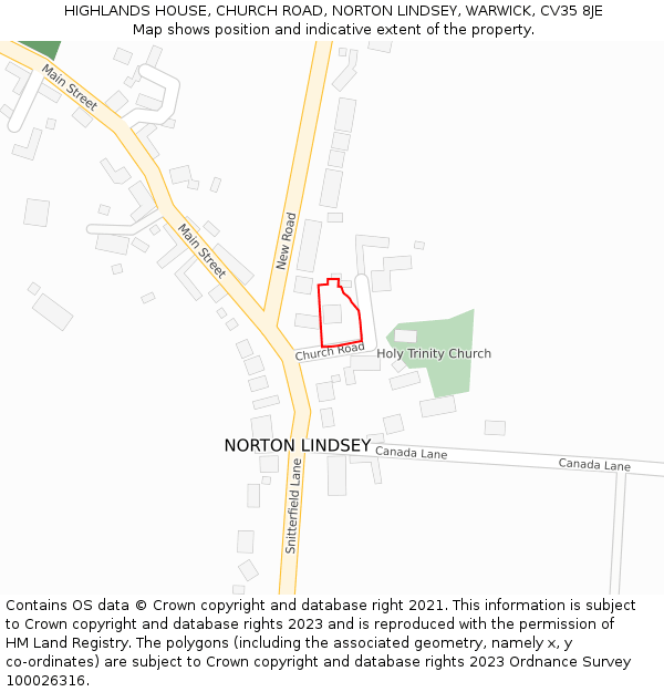 HIGHLANDS HOUSE, CHURCH ROAD, NORTON LINDSEY, WARWICK, CV35 8JE: Location map and indicative extent of plot