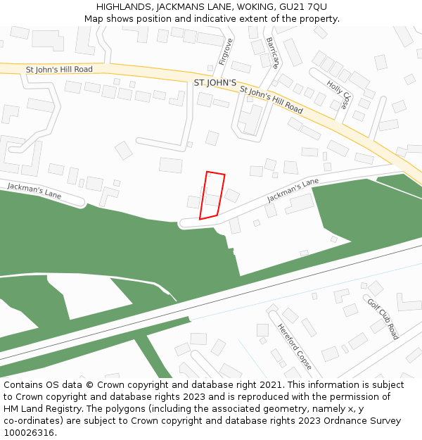 HIGHLANDS, JACKMANS LANE, WOKING, GU21 7QU: Location map and indicative extent of plot