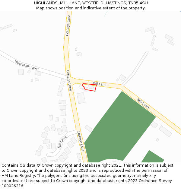 HIGHLANDS, MILL LANE, WESTFIELD, HASTINGS, TN35 4SU: Location map and indicative extent of plot