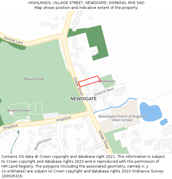 HIGHLANDS, VILLAGE STREET, NEWDIGATE, DORKING, RH5 5AD: Location map and indicative extent of plot