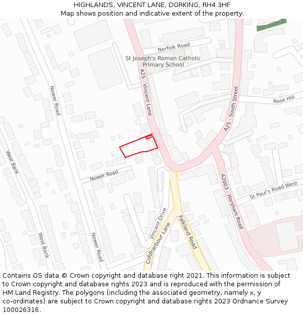 HIGHLANDS, VINCENT LANE, DORKING, RH4 3HF: Location map and indicative extent of plot