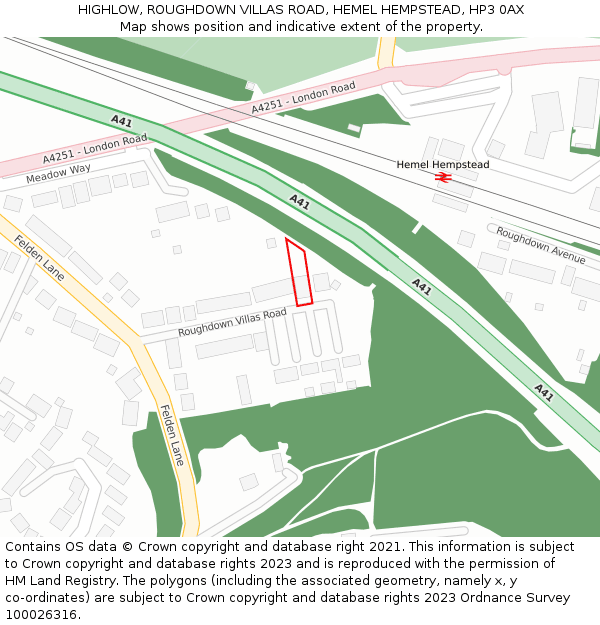 HIGHLOW, ROUGHDOWN VILLAS ROAD, HEMEL HEMPSTEAD, HP3 0AX: Location map and indicative extent of plot