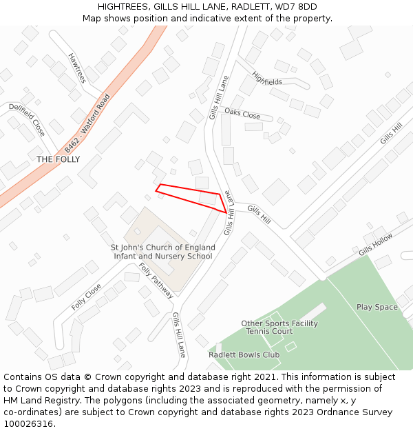HIGHTREES, GILLS HILL LANE, RADLETT, WD7 8DD: Location map and indicative extent of plot