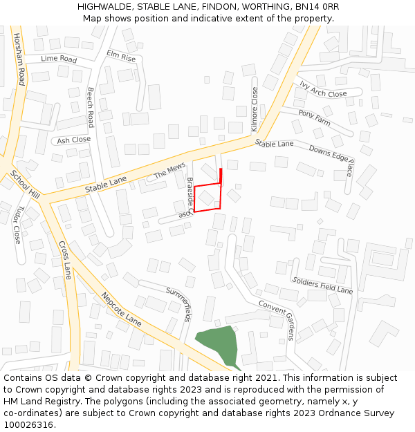 HIGHWALDE, STABLE LANE, FINDON, WORTHING, BN14 0RR: Location map and indicative extent of plot
