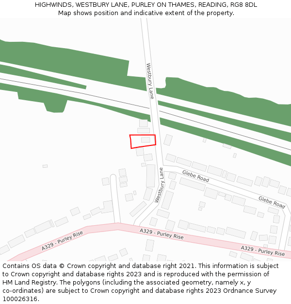 HIGHWINDS, WESTBURY LANE, PURLEY ON THAMES, READING, RG8 8DL: Location map and indicative extent of plot