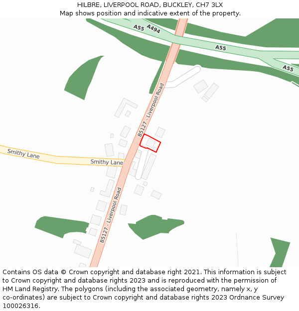 HILBRE, LIVERPOOL ROAD, BUCKLEY, CH7 3LX: Location map and indicative extent of plot