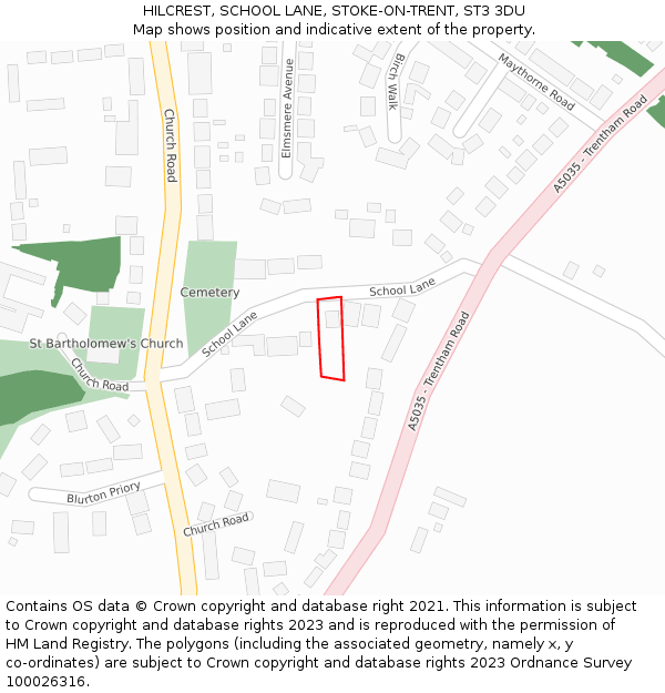 HILCREST, SCHOOL LANE, STOKE-ON-TRENT, ST3 3DU: Location map and indicative extent of plot