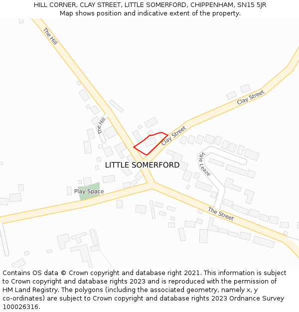 HILL CORNER, CLAY STREET, LITTLE SOMERFORD, CHIPPENHAM, SN15 5JR: Location map and indicative extent of plot