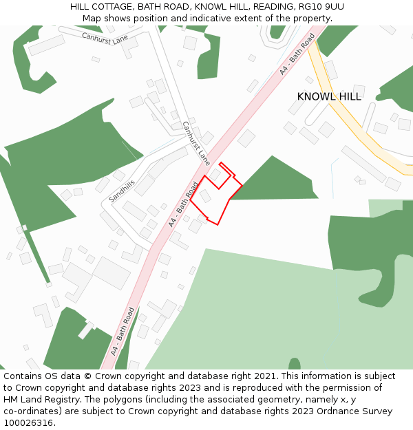 HILL COTTAGE, BATH ROAD, KNOWL HILL, READING, RG10 9UU: Location map and indicative extent of plot