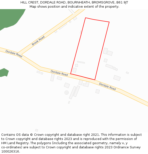 HILL CREST, DORDALE ROAD, BOURNHEATH, BROMSGROVE, B61 9JT: Location map and indicative extent of plot