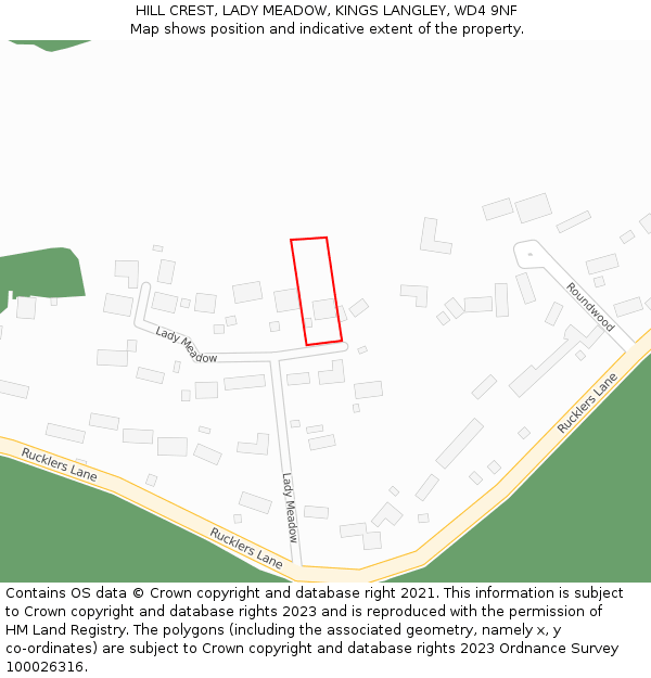 HILL CREST, LADY MEADOW, KINGS LANGLEY, WD4 9NF: Location map and indicative extent of plot