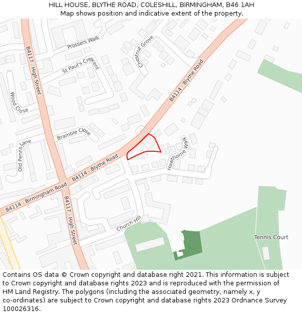 HILL HOUSE, BLYTHE ROAD, COLESHILL, BIRMINGHAM, B46 1AH: Location map and indicative extent of plot